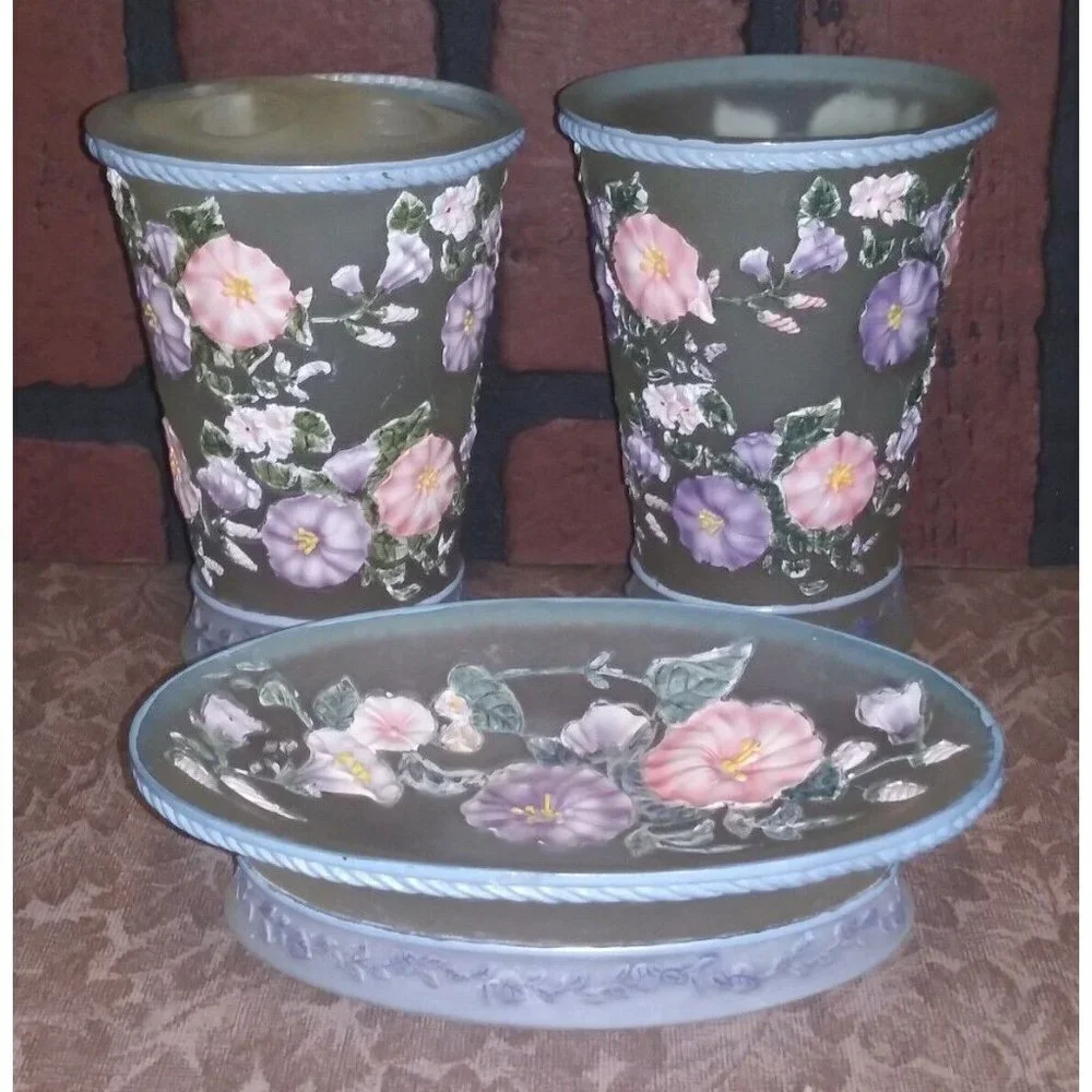 3-Pc Bathroom Set Morning Glory Resin Retd. Tumbler Toothbrush Holder Soap Dish